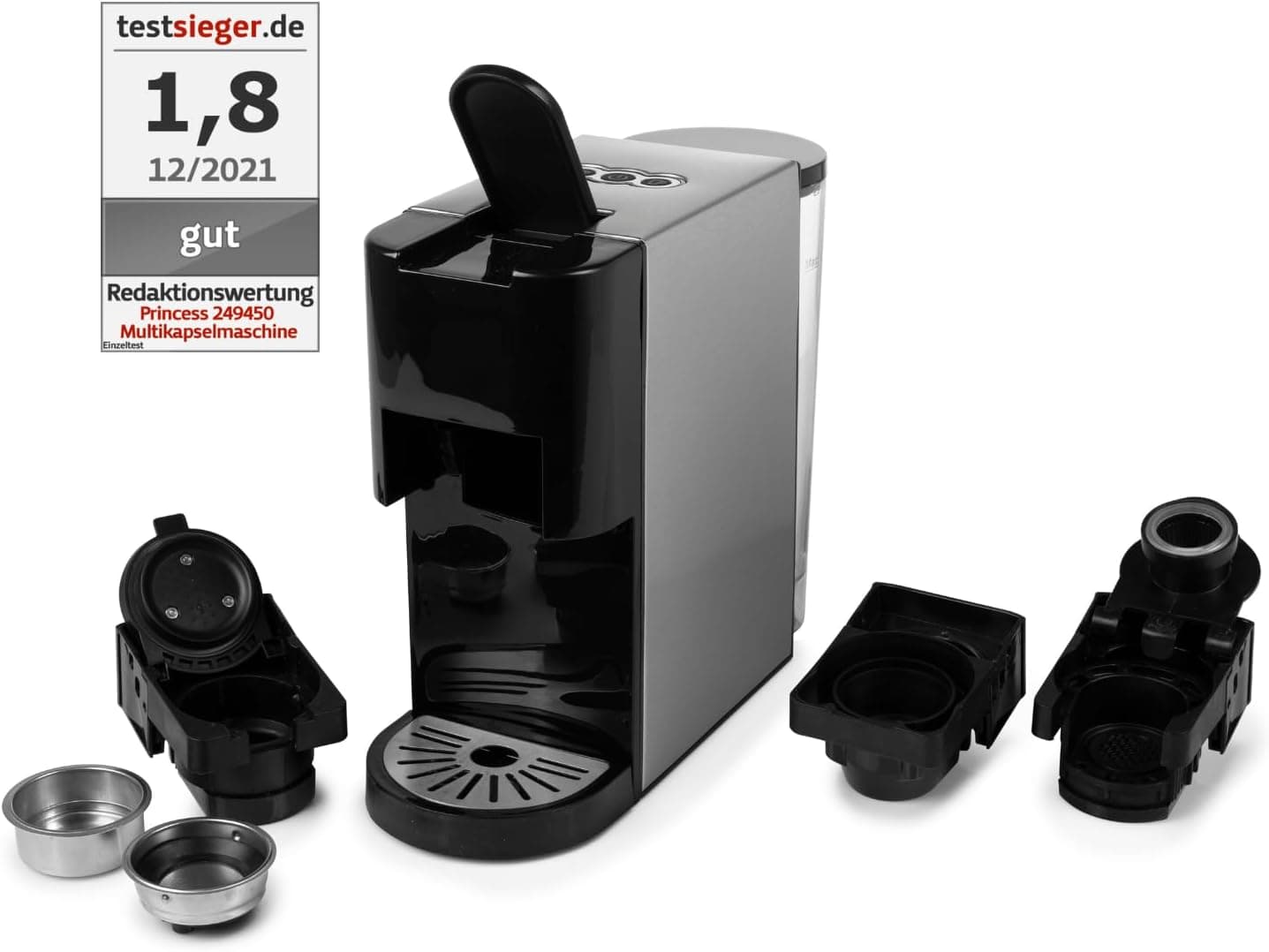 Princess 249450 Máquina de café multicápsulas com adaptadores para cápsulas Nespresso, Dolce Gusto, dose única ESE e café moído, 19 bares de pressão, depósito de água removível de 800 ml, 1450 W