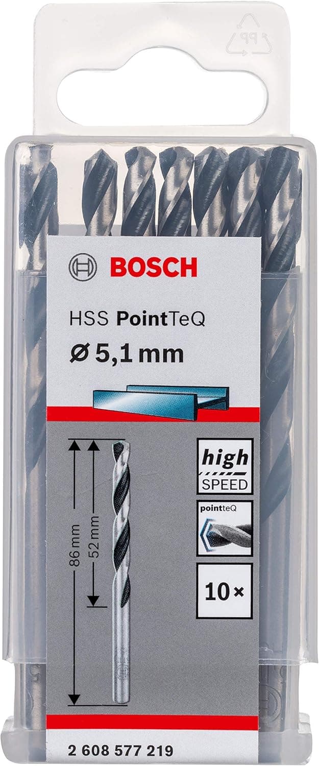 Bosch Professional 10 brocas helicoidais HSS PointTeQ, para metal, 5,1 x 52 x 86 mm, acessório de berbequim