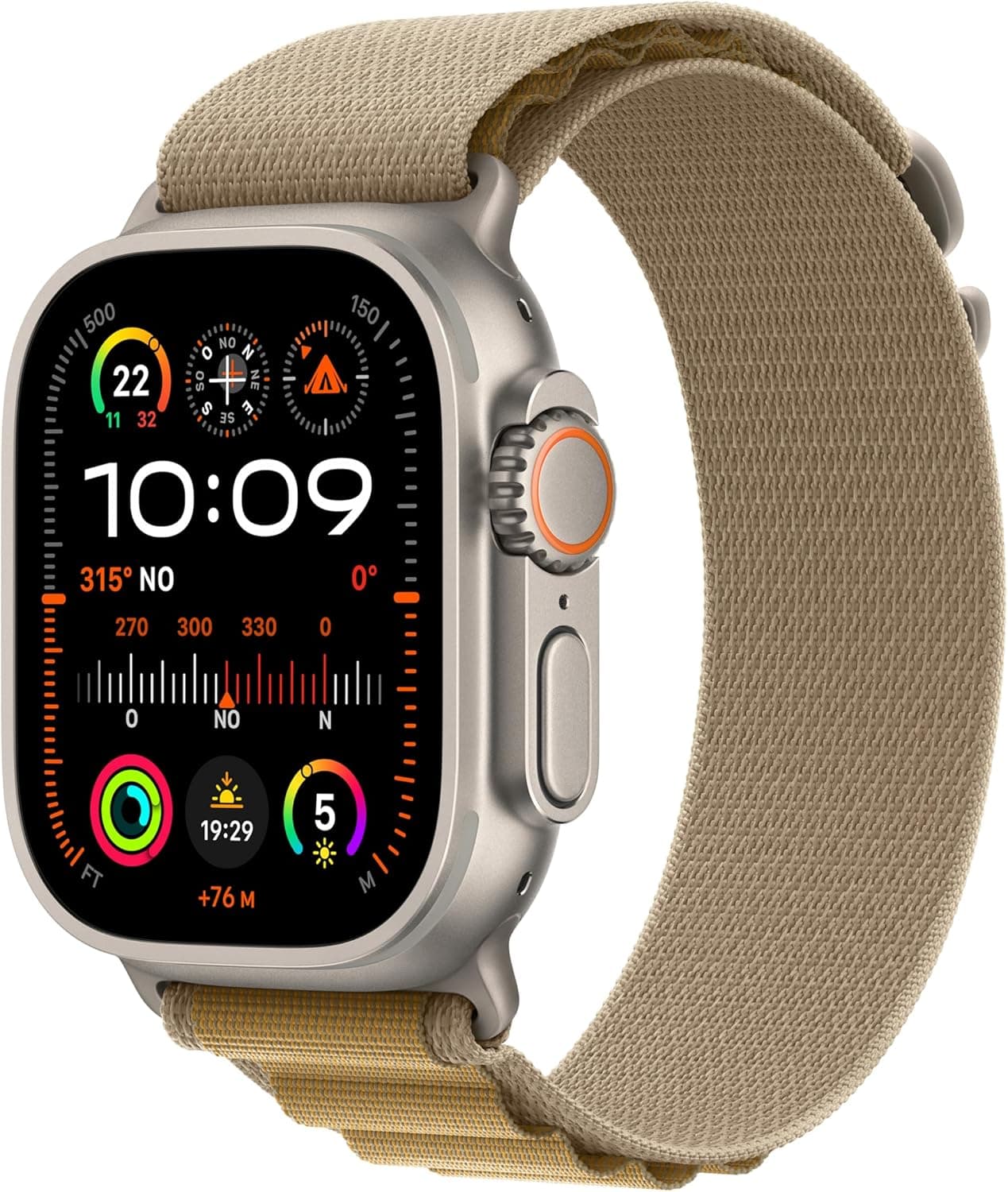 Apple Watch Ultra 2 GPS Cellular Smartwatch, relógio desportivo com caixa de titânio natural resistente de 49 mm e correia Loop Alpine Canela - Tamanho L. monitor de treino e neutro em carbono