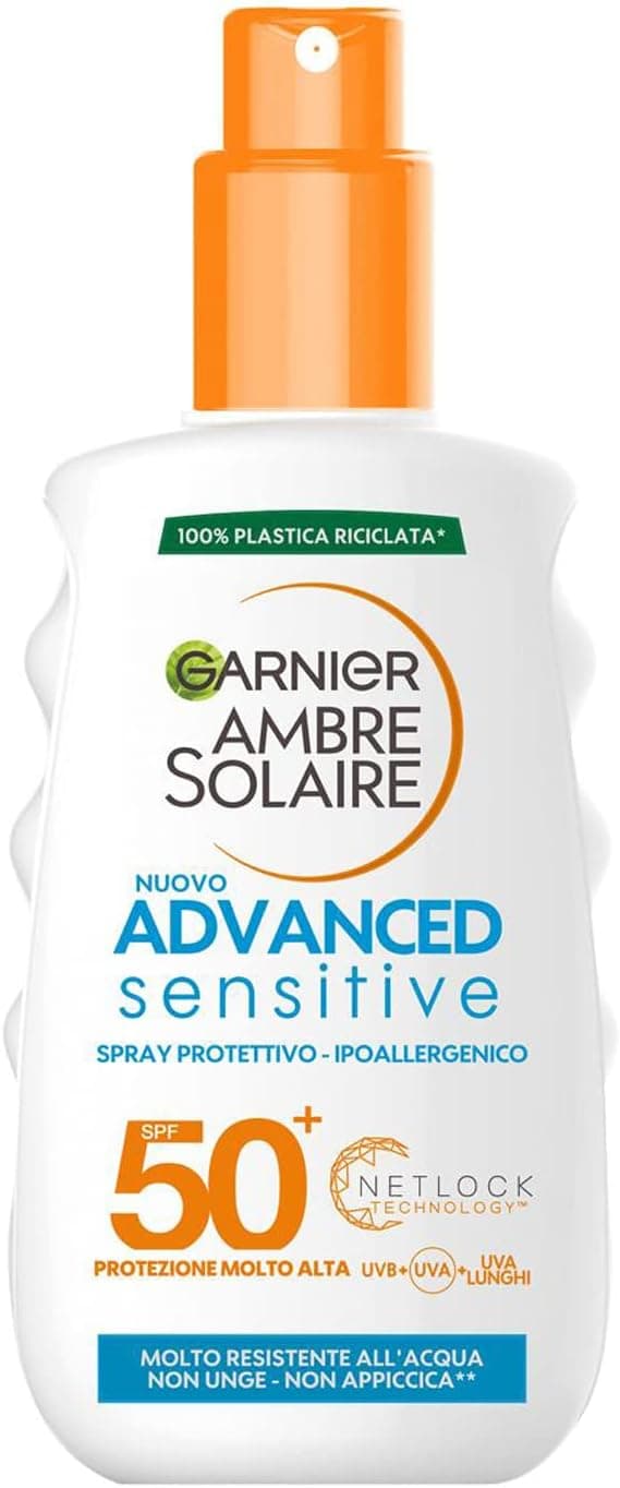 Garnier Ambre Solaire - Spray protetor Advanced Sensitive, rosto e corpo, com proteção muito alta SPF 50+, fórmula hipoalergénica resistente à água, sal e cloro, 200 ml