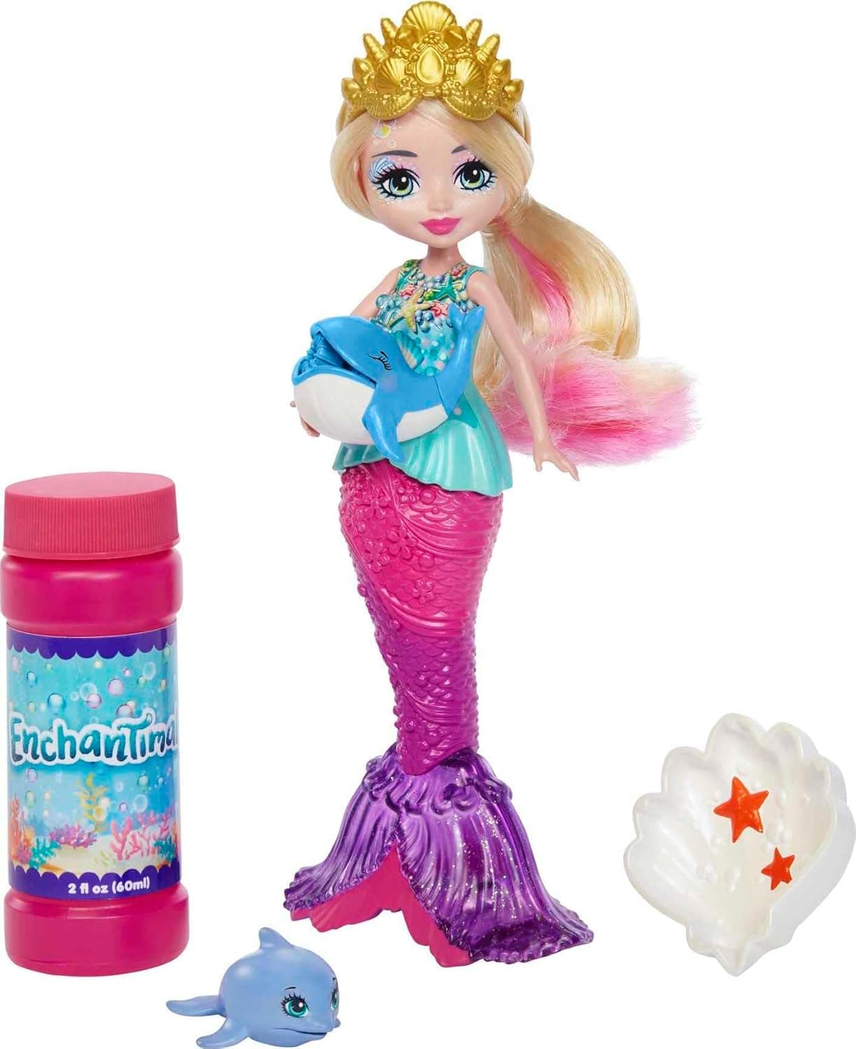 Enchantimals, Boneca sereia Atlantia para fazer bolhas inclui animal de estimação golfinho - HFT24