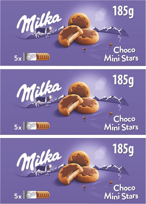 Milka Choco Mini Stars bolachas em forma de estrela com enchimento de leite e capas com chocolate com leite dos Alpes 185 g x 3