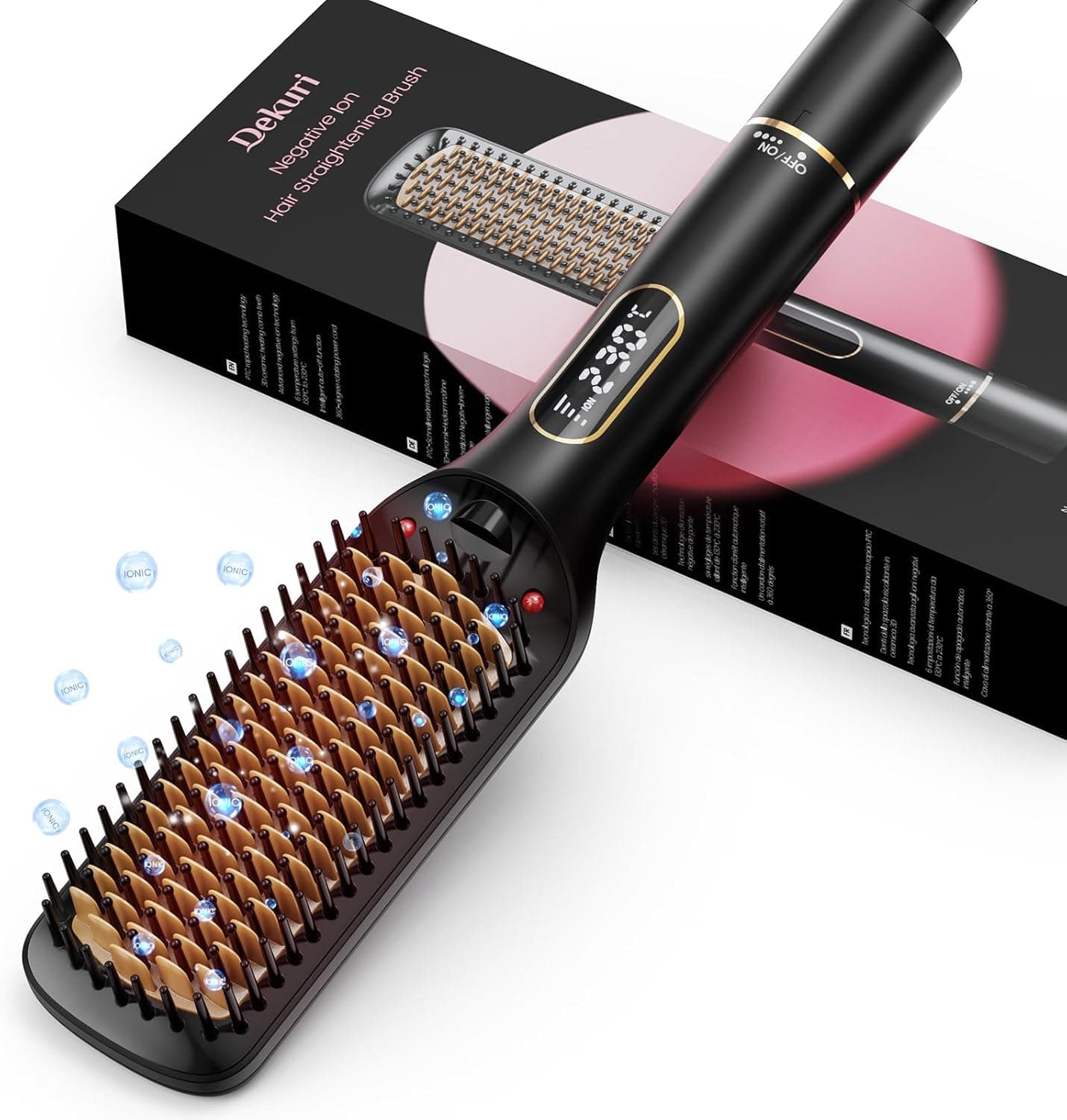 Dekuri Escova de alisamento de cabelo, 42 mm de pente alisador de cabelo, com iões negativos, 6 temperaturas, 130 °C-230 °C, ecrã LED, criação rápida de cabelos macios e lisos