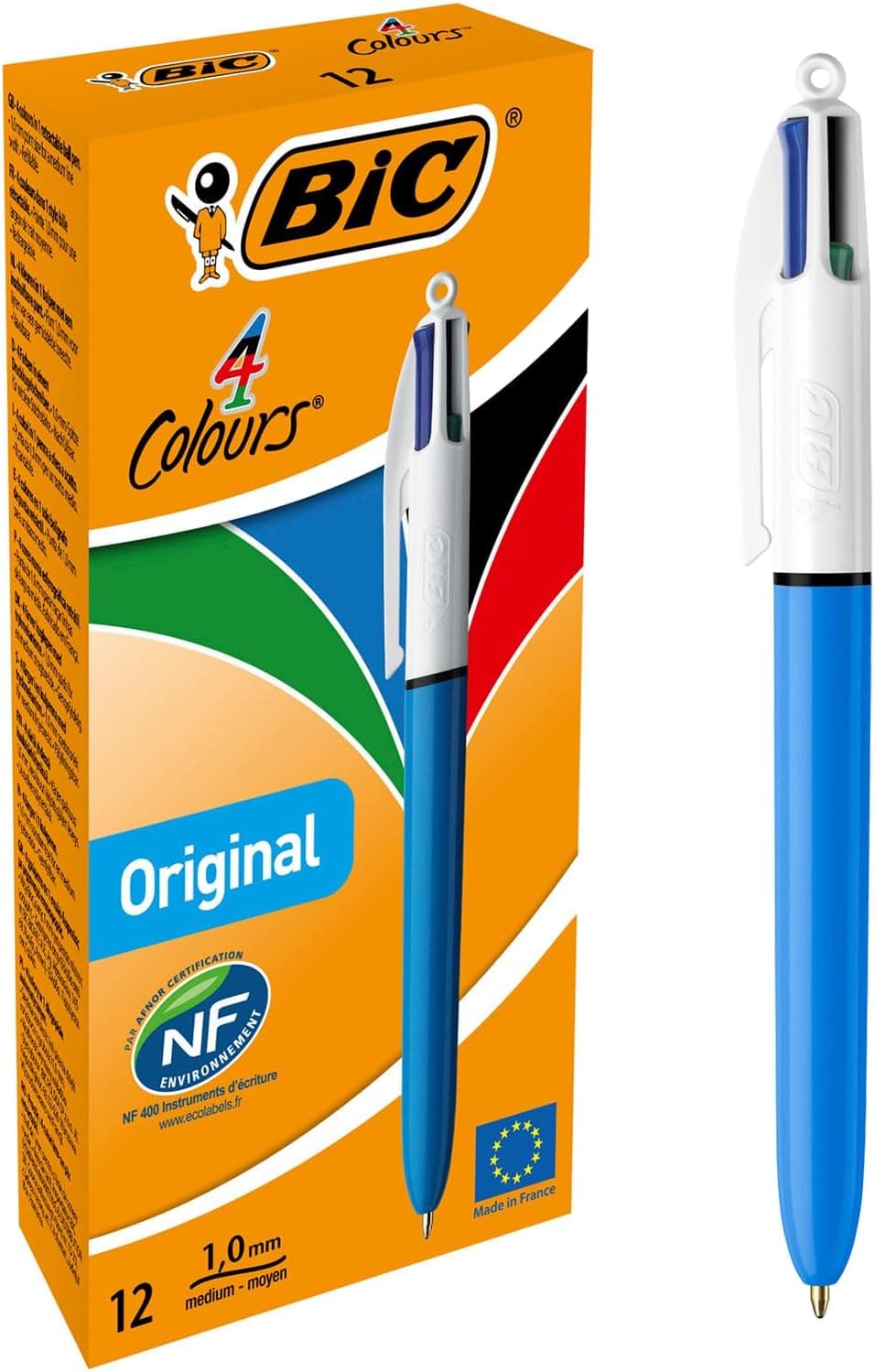 Bic, Canetas originais, Bic 4 cores em apresentação de caixa por 12, pontas de 1,0 mm e tinta azul, vermelho, preto e verde, canetas Bic retráteis