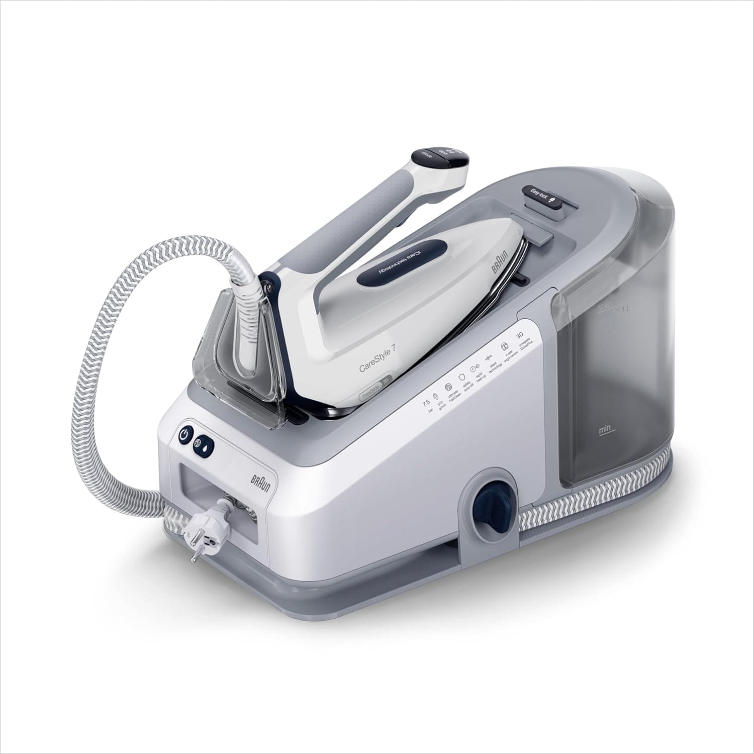 Braun CareStyle 7 IS7262GY, Centro de passar a ferro com gerador de vapor profissional, FreeGlide 3D, iMode e iCare, passar a ferro vertical, Ultimate FastClean, depósito removível de 2 l, 2700 W,