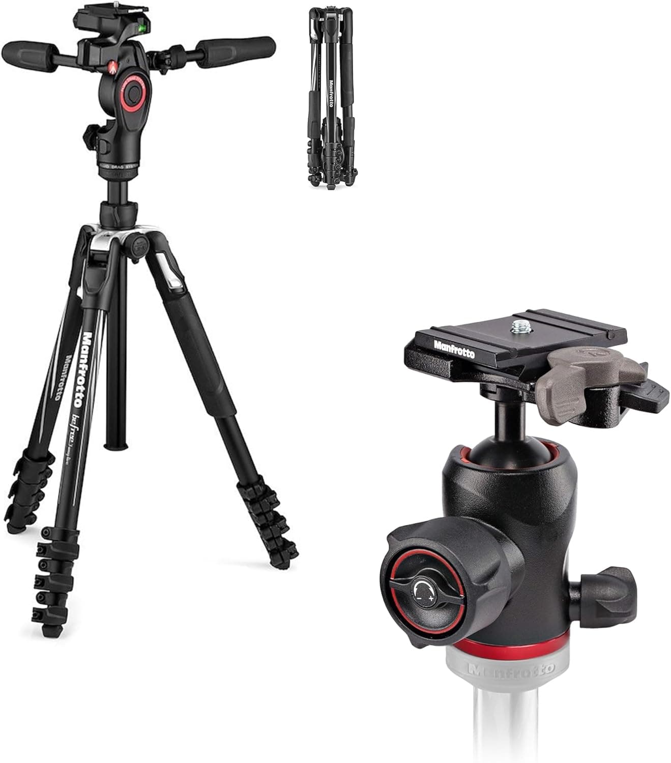 Manfrotto Befree 3-Way Live Advanced Kit de viagem em alumínio com cabeça fluída para câmaras e câmaras compactas, e cabeça de bola 494, acessórios para criadores de conteúdo e logging
