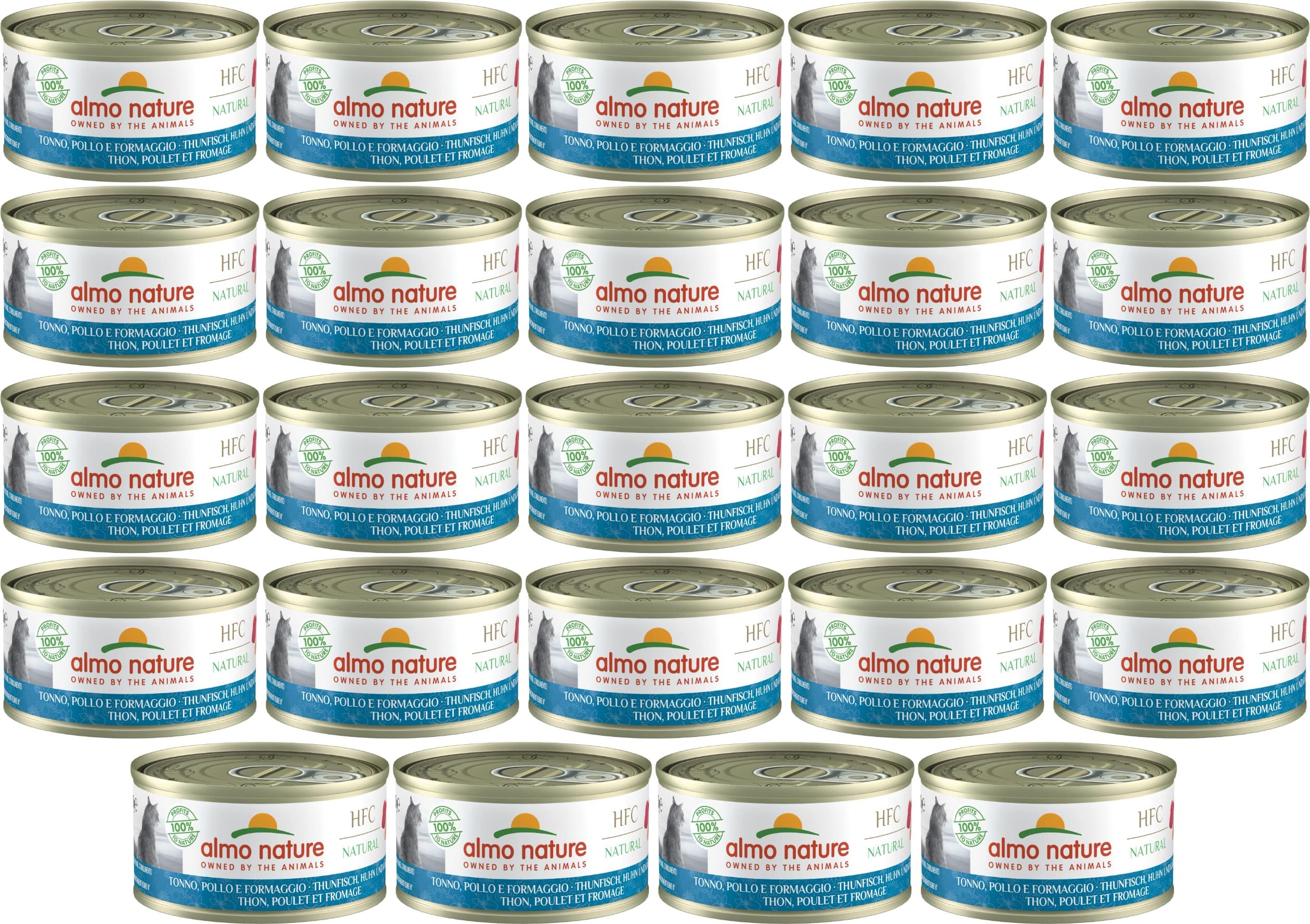 Almo Nature HFC Natural - Atum, frango e queijo - comida húmida para gatos adultos: 24 latas de 70 g