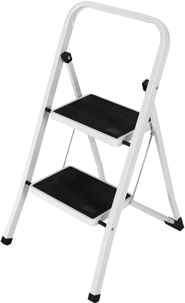 BAKAJI Folding Square | Escadote dobrável de 2 degraus com estrutura em aço, degraus antiderrapantes e pega de segurança