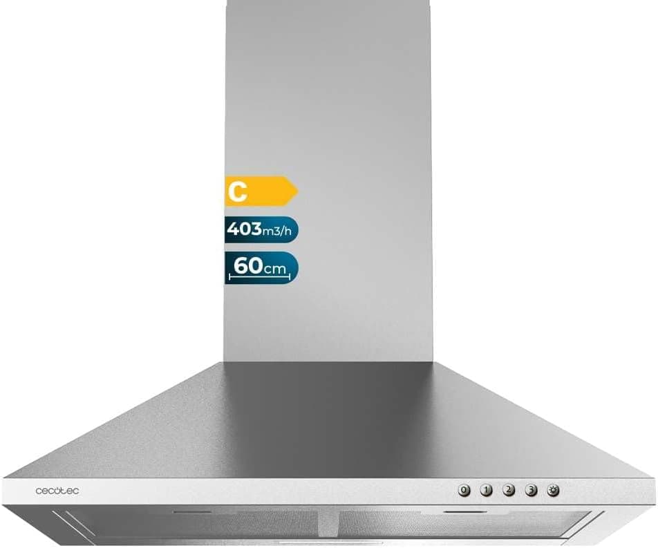 Cecotec Sino extrator de 60 cm, Flux PM 604300 Inox C. Forma da pirâmide, acabamento inoxidável, potência de sucção 403 m3/h, motor 105 W, classe C, controlo mecânico, 3 níveis de potência
