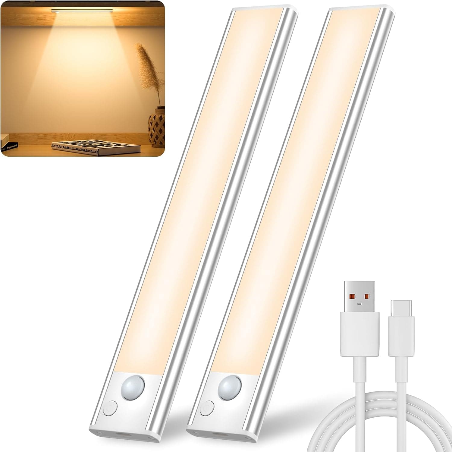 JEKEMORYE Luzes quentes iluminação de armário para debaixo dos móveis, lâmpada LED para cozinha, detetor de movimento, 20 cm, cor branca, sem cabo, barra de luz com USB recarregável 