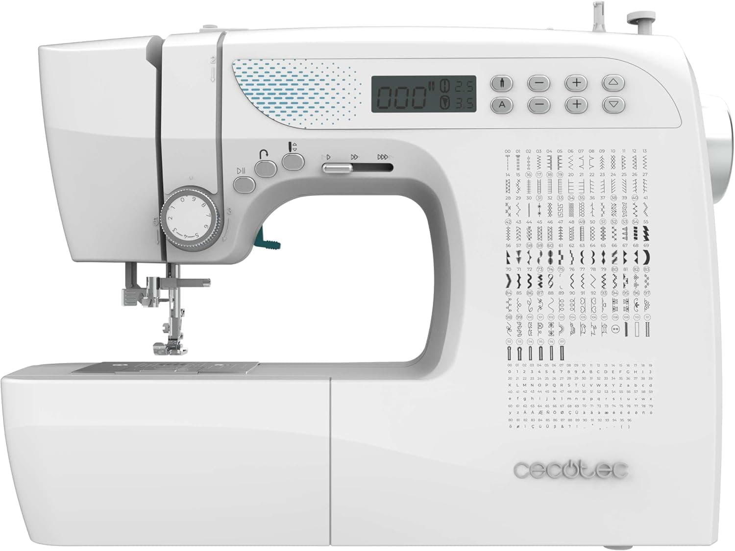Cecotec Máquina de costura elétrica - 215 pontos - nível de especialista - BelleCouture 21500. Motor digital, ecrã LCD, comando para ajuste de fio, enrolamento automático de bobina, luz LED, kit