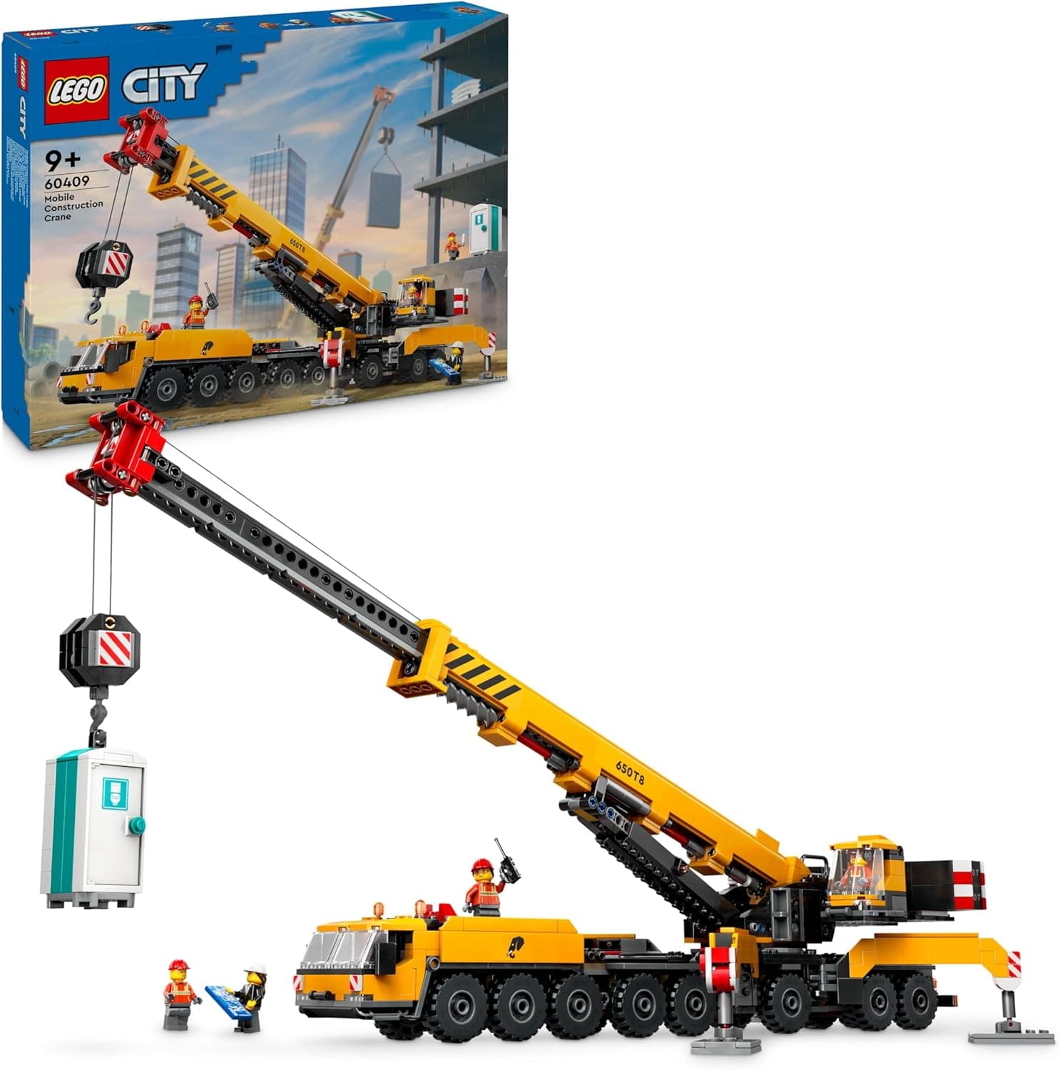 LEGO City Guindaste de obra móvel amarelo com veículos, 4 minifiguras de trabalhadores