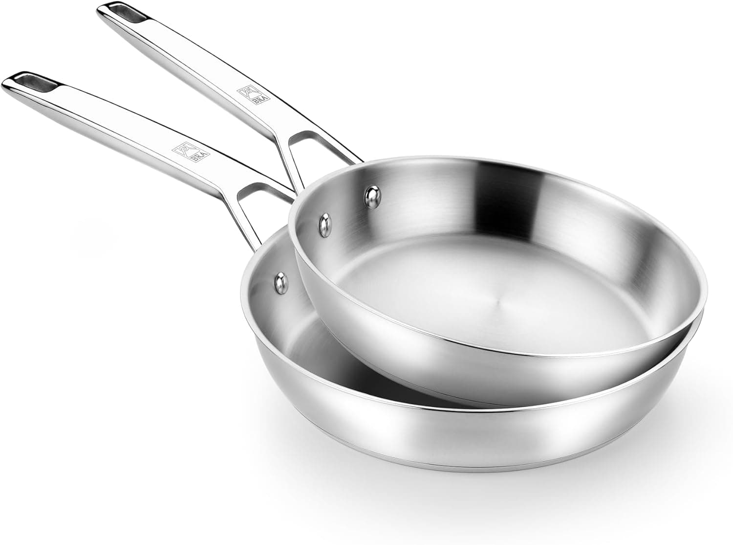 BRA Signature Set 2 frigideiras 24-26, aço inoxidável 18/10 profissional sem anti-aderente, fundo difusor triplo adequado todos os tipos de cozinha e indução, acabamento polido