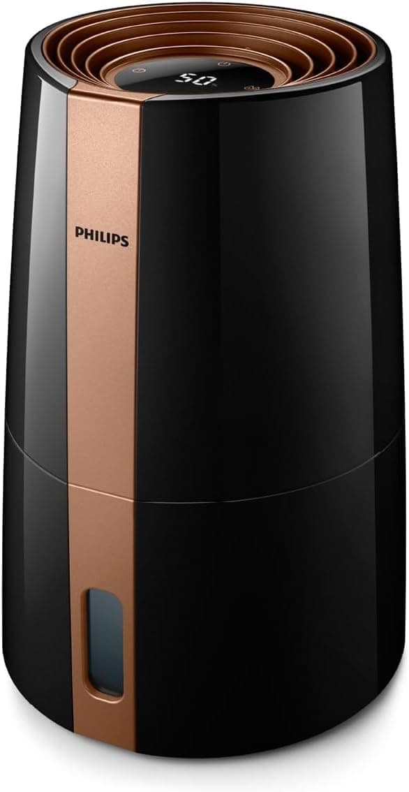 Humidificador Philips série 3000, 45 m², 99,97% menos bactérias, 300 ml/h, 3 velocidades, modo de sono, ultra silencioso (33 dB), sensor de humidade, temporizador, depósito 3L, preto (HU3918/10)
