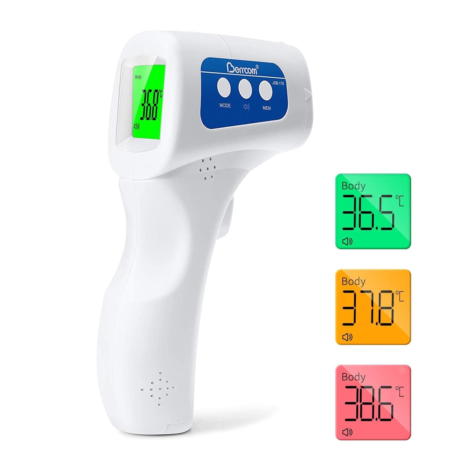 Berrcom Termómetro digital termômetro frente infravermelho sem contacto termómetro bebés, médicos termómetro ecrã retroiluminado de três cores, temperatura de leitura instantânea