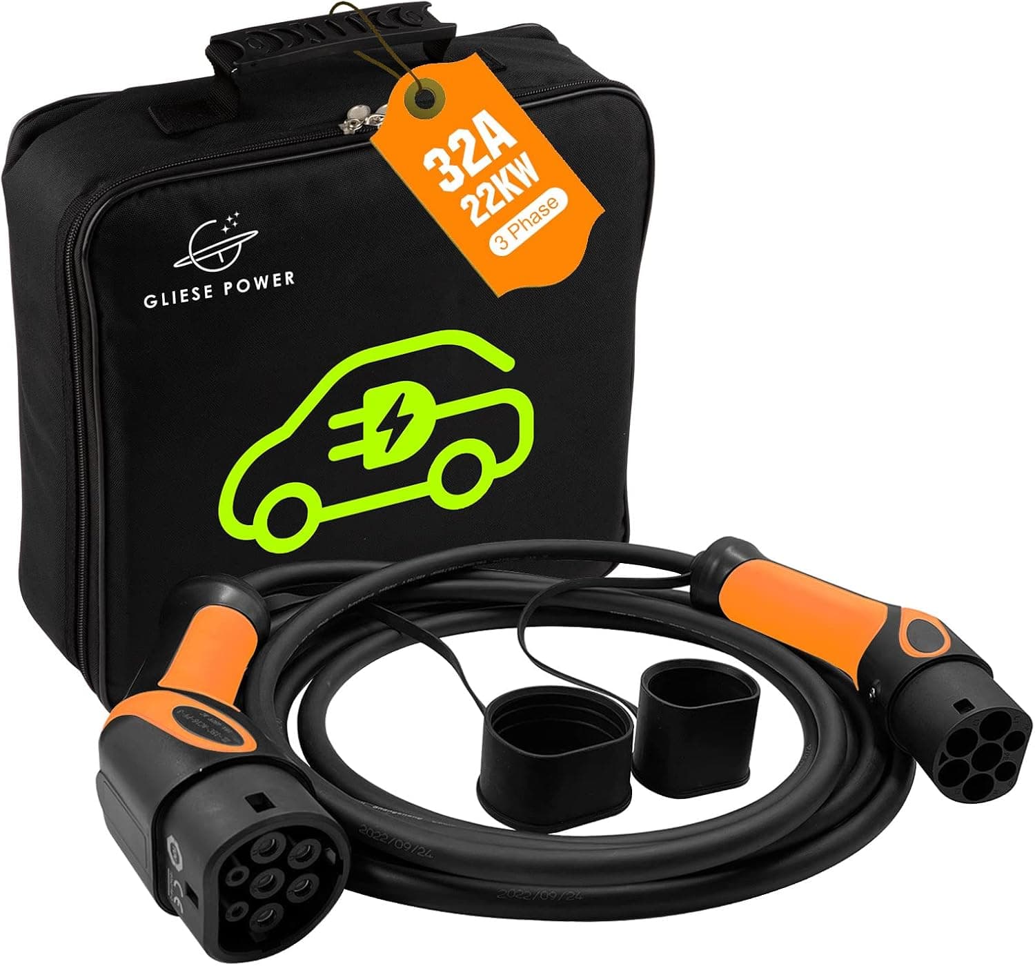 Gliese Cabo de carregamento tipo 2, 22 kW, 32 A, com 3 fases, 5 m tipo 2, cabo de carregamento IEC-62196-2 para carro híbrido e elétrico, para modelo S/X/Y/3, Zoe, ID.3/4, E-Tron, e-208, i3, ix3, etc