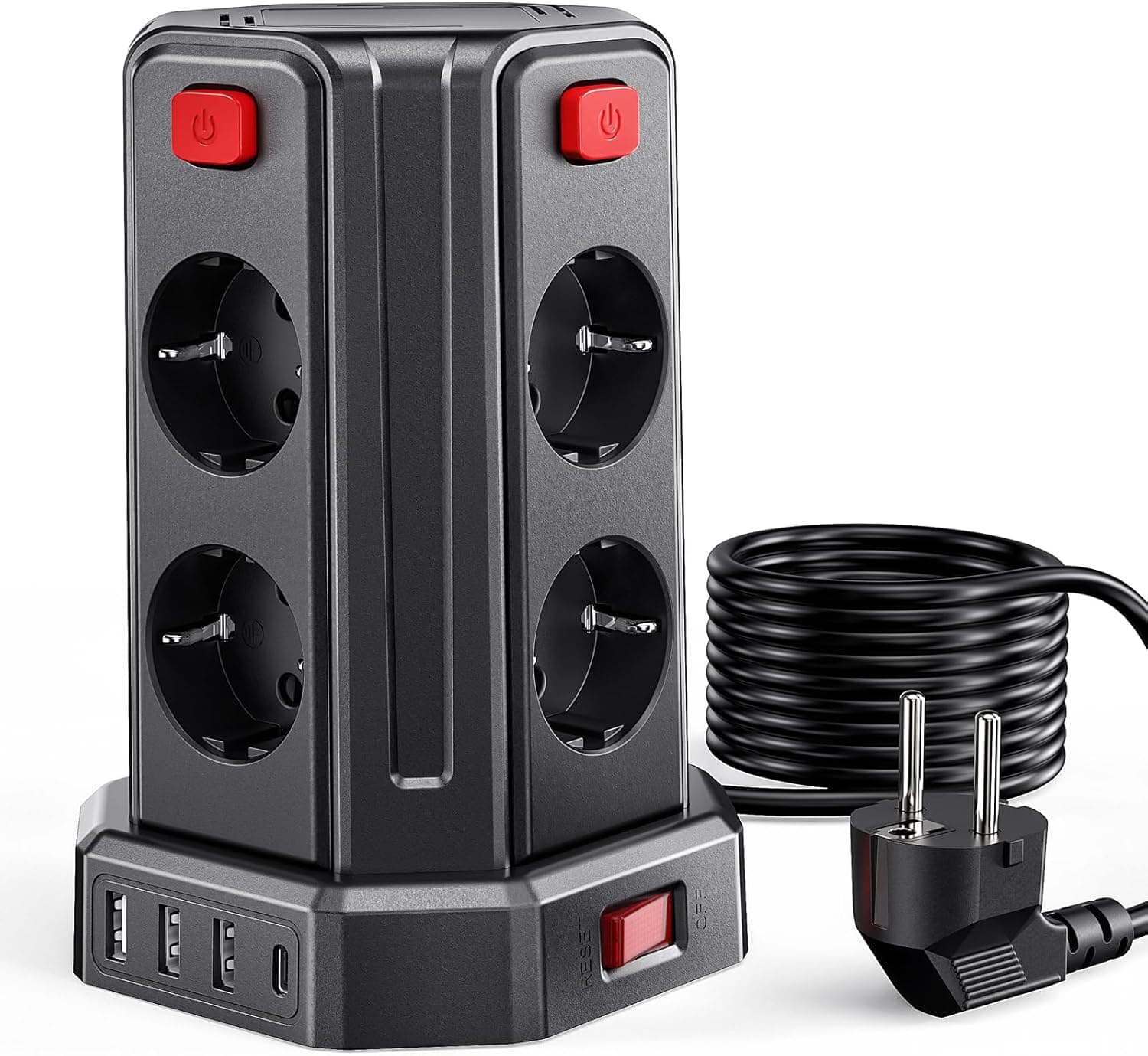 Sameriver 2 m Torre com 8 tomadas de AC corrente e 4 USB, 2500 W/10 A, presentes verticais com interruptor para mesa, escritório, casa