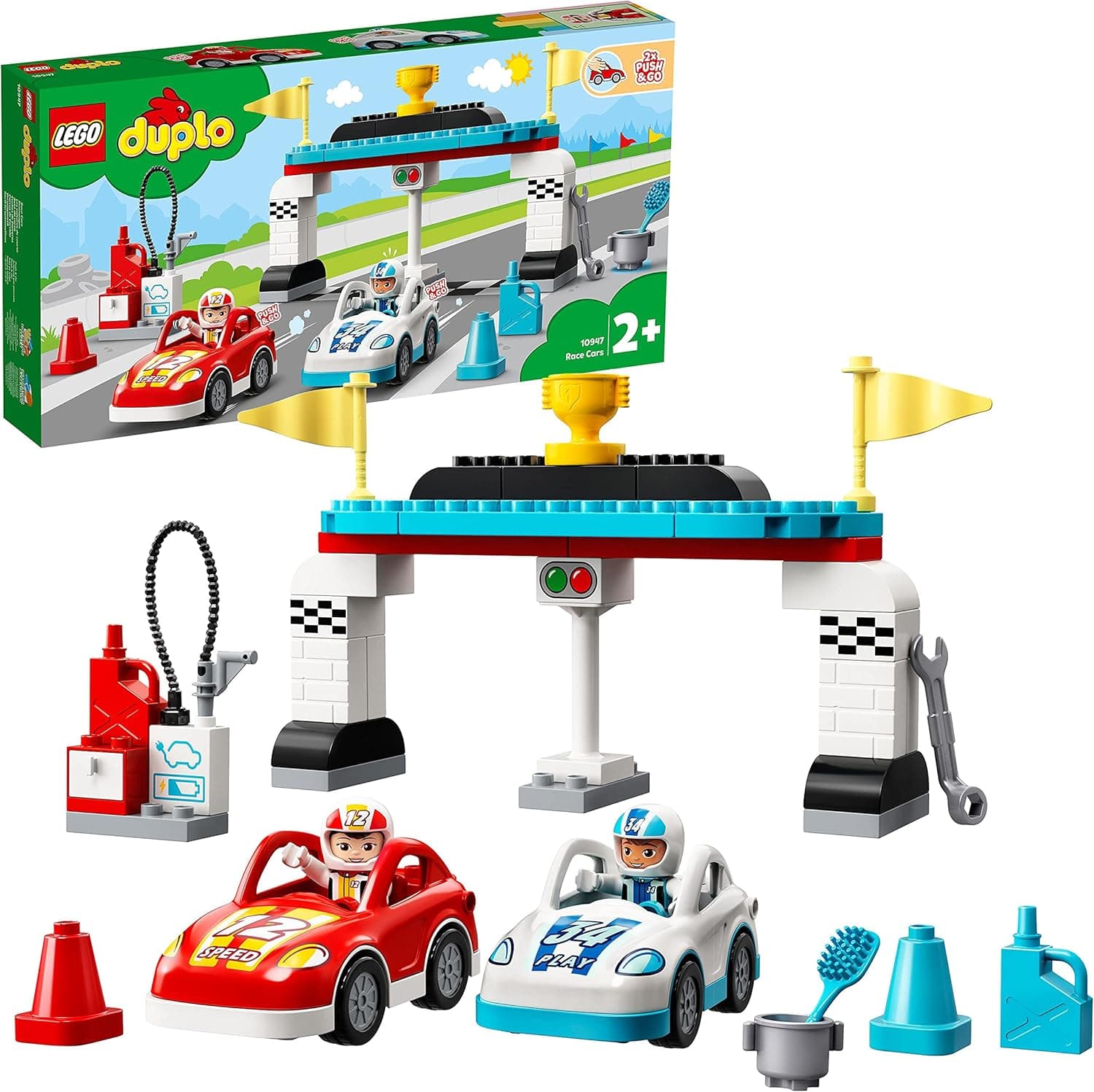 Lego 10947 Duplo Town Carros de corrida, conjunto com carros de brinquedo para crianças ou bebés + 2 anos com mini figuras