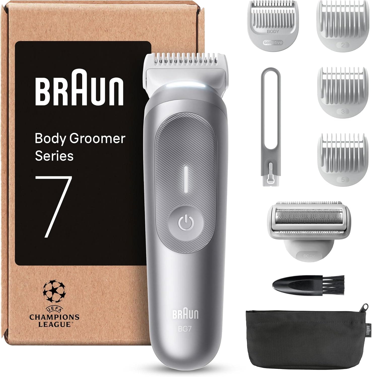 Braun Aparador corporal Series 7 BG7555, máquina de barbear corporal homem para peles sensíveis, 8 acessórios de borracha, 100 min de automonomia, recorte e barbear, resistente à água, cinzento