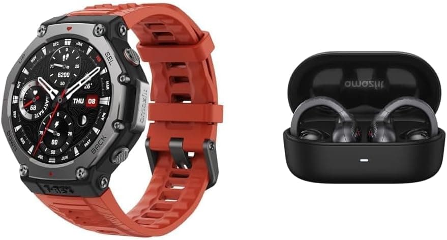 Amazfit T-Rex 3 Outdoor Smartwatch preto + Up OWS auriculares Bluetooth 5.3, Pacote com T-Rex 3 laranja