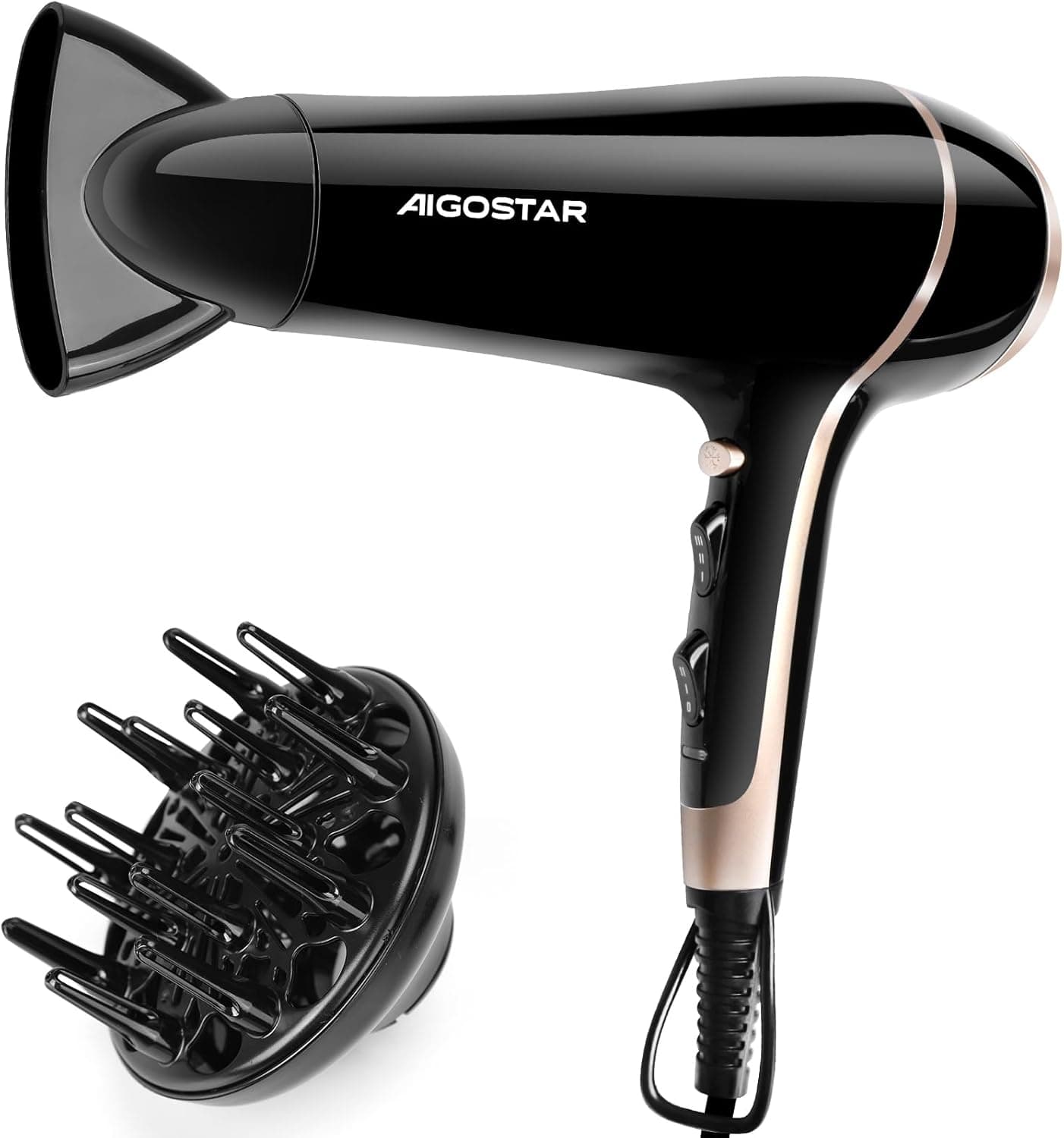 Aigostar Secador de cabelo profissional 2400 W secador iónico 2 velocidades e 3 temperaturas, inclui difusor e concentrador de calor - Lora