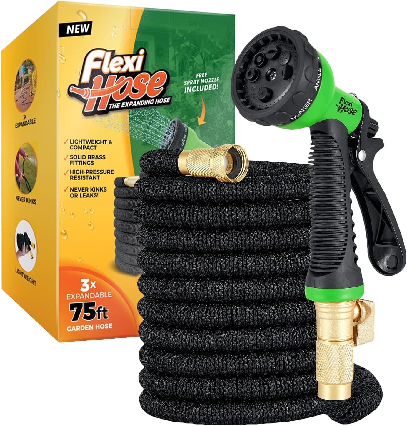 Flexi Hose Atualizada - Mangueira de jardim melhorada e expansível, comprimento extra - com conectores de latão de 2 cm - flexível e anti-quebra - com 8 funções - preto - 23 metros