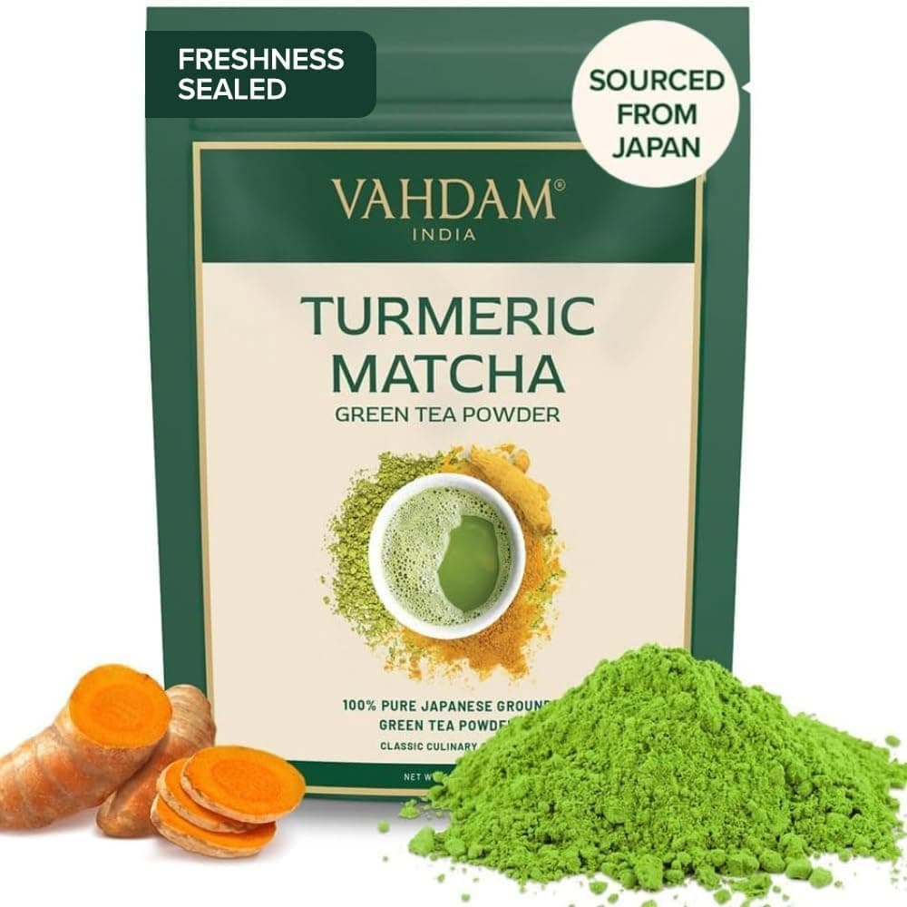 VAHDAM, Matcha de açafrão chá verde (50 chávenas / 100 g) mate japonês puro com curcumina | pó de açafrão Índia | delicioso Matcha Latte