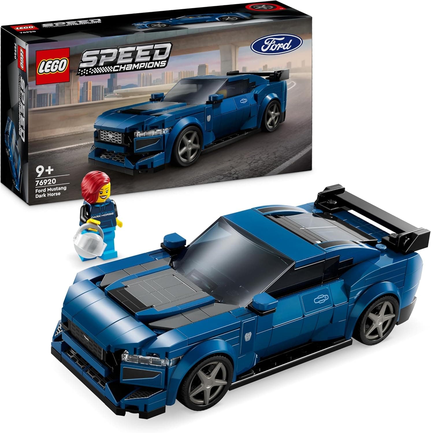 LEGO Speed Champions desportivo Ford Mustang Dark Horse carro de brinquedo azul para construir, casaco de veículo com minifigura de piloto, presente para meninos e meninas de 9 anos ou mais 76920