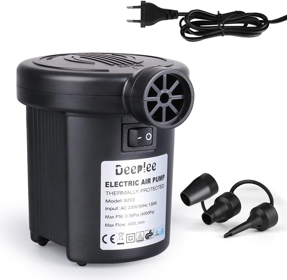 Deeplee Bomba de Aire Eléctrica, 2 en 1 Inflador Eléctrico 130W de Alta Potencia Colchones Inflables/Deflactor para Piscinas, Barcos, Juguete Inflado, 3 Boquillas Incluidas