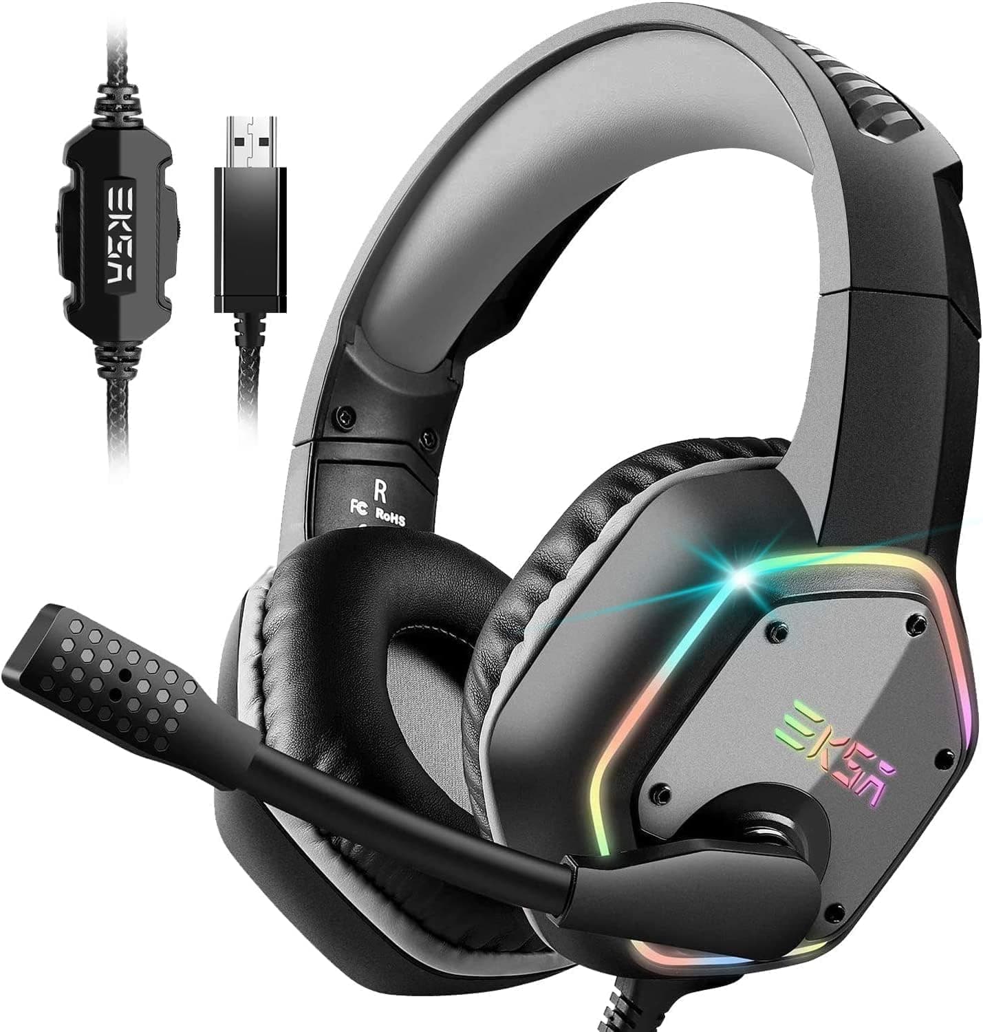EKSA E1000 Capacetes Gaming USB para PC, Over Ear auriculares Gaming com cabo, microfone com cancelamento de ruído, som envolvente 7.1, luz RGB para consola PS4/PS5, computador portátil