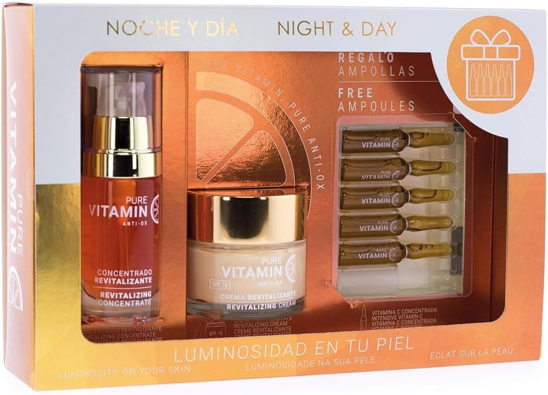 Noite e dia, pack presente vitamina C, creme hidratante facial 60 ml, soro 30 ml, 5 ampolas 2 ml, tratamento antioxidante e iluminador, máxima hidratação, anti-idade, luminosidade, homens e mulheres