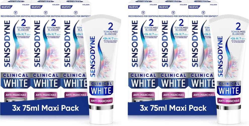 Sensodyne Clinical White anti-manchas, pasta de dentes branqueada de Sensodyne, sabor a hortelã, proteção contra a sensibilidade, 75 ml x 6