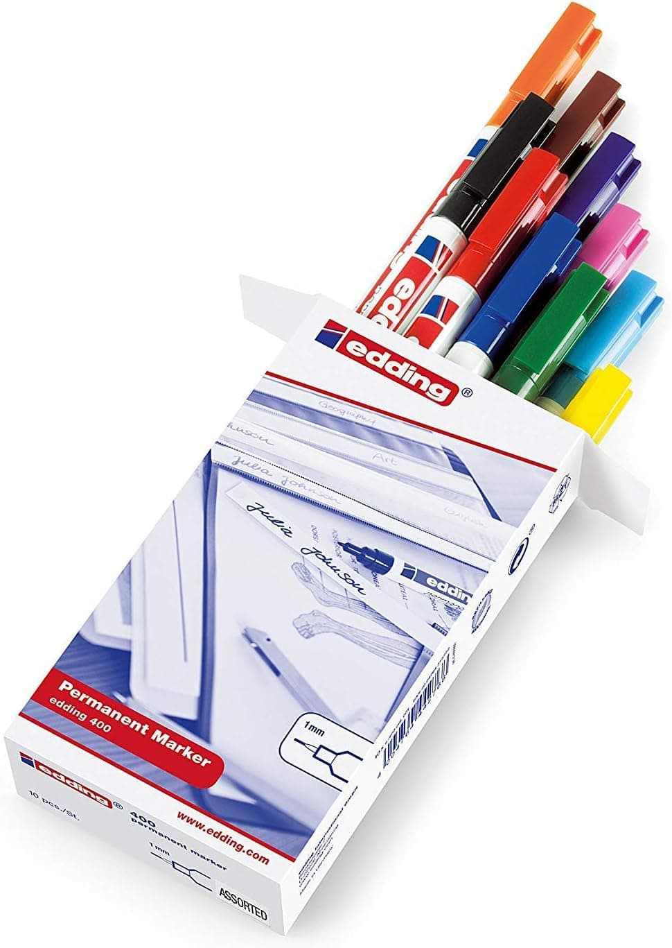 edding 400 Marcador permanente, 10 marcadores, ponta fina redonda de 1 mm, impermeável, de secagem rápida, marcadores indeléveis, para cartão, plástico, madeira, metal, vidro