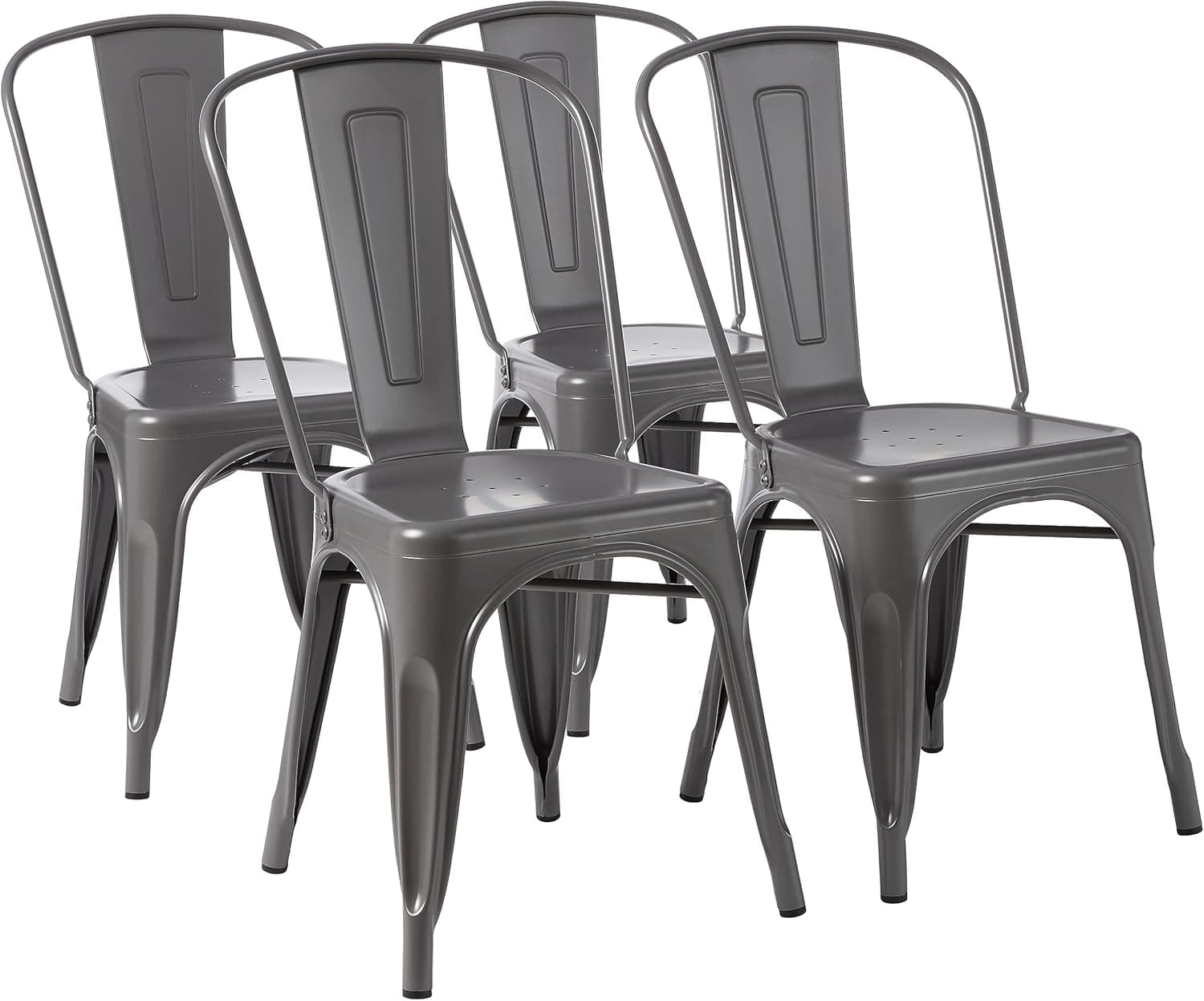 Amazon Basics Pacote de 4 cadeiras de sala de jantar de metal empilháveis com encosto para bistrô, cozinha, interior e exterior, cinzento escuro, 51 x 43 x 85 cm