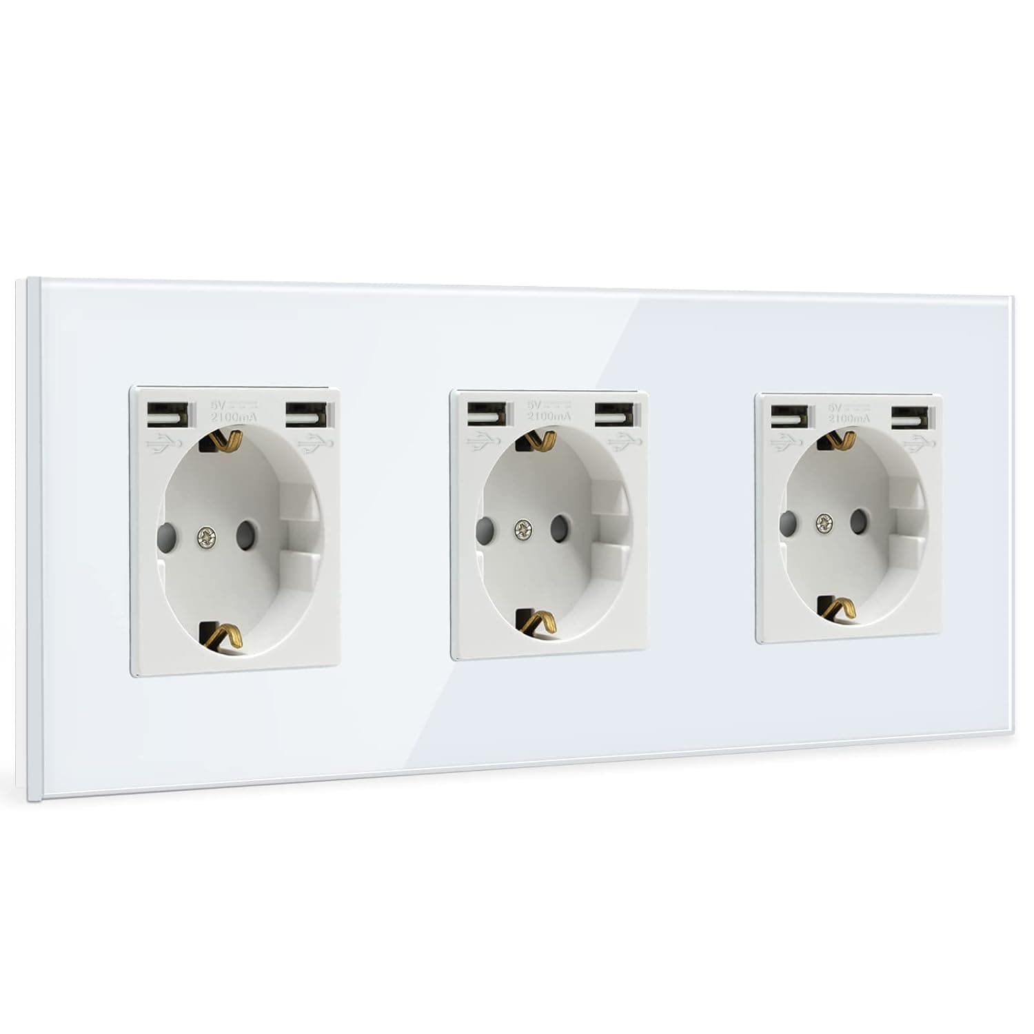 BSEED Tomada de parede tripla com 2 portas USB (máximo 2.1A), tomada branca Schuko tomada, tomada de energia com 2 x carregadores USB adequado para smartphone MP3 Tablet, para cozinha, quarto