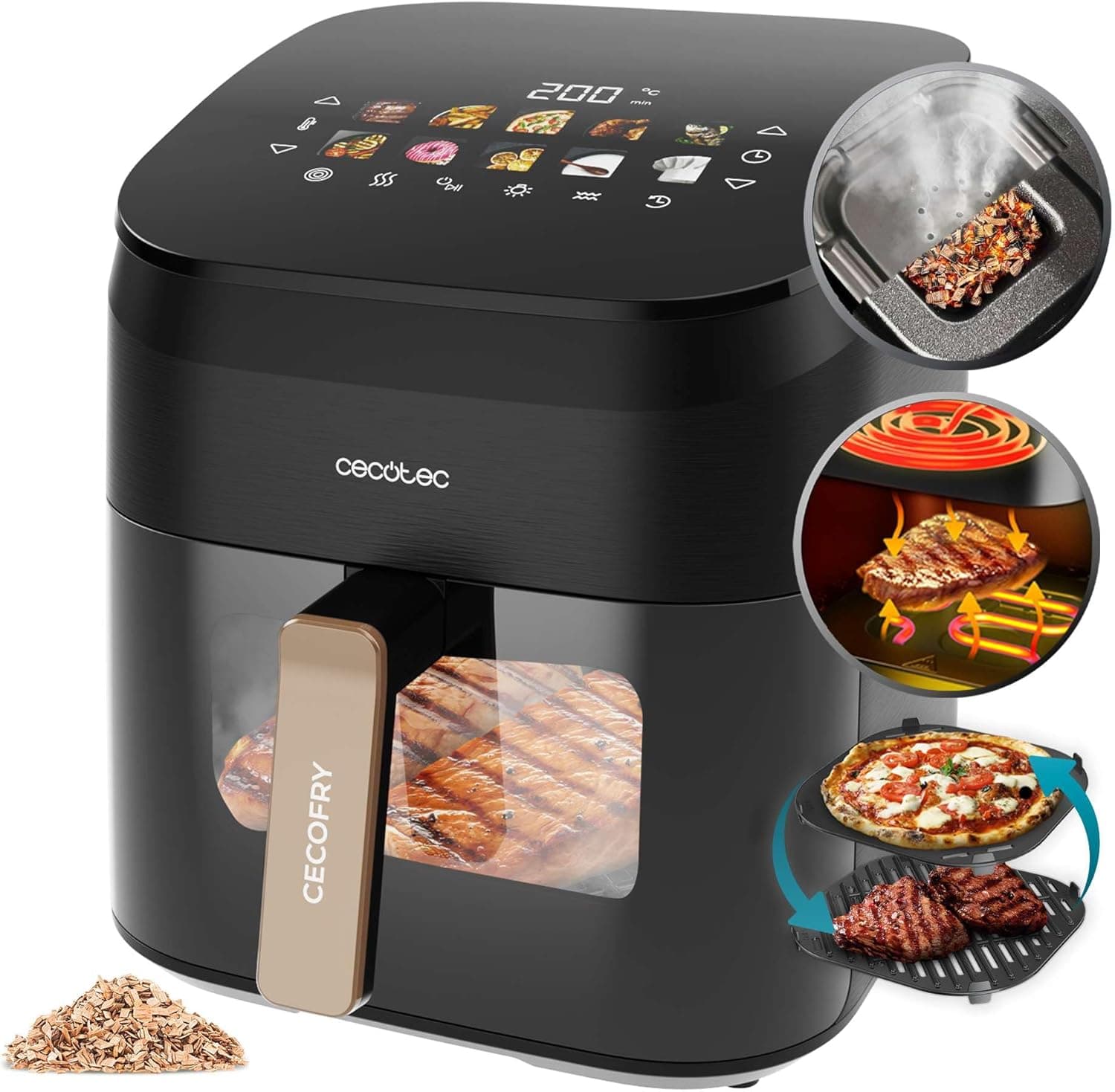 Cecotec Frigideira de ar sem óleo 6,5 l, grelha dupla resistência a fumador integrado Air Fryer Cecofry&Grill Smokin' 6500. 2200 W, temperatura regulável 40 - 200 °C, 10 menus