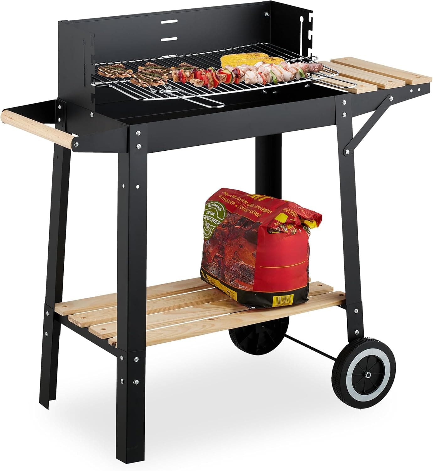 Relaxdays Churrasco carvão com rodas, 2 salas, grade regulável em altura, para-vento, grelha 80,5 x 86 x 42 cm, preto, plástico, madeira, aço