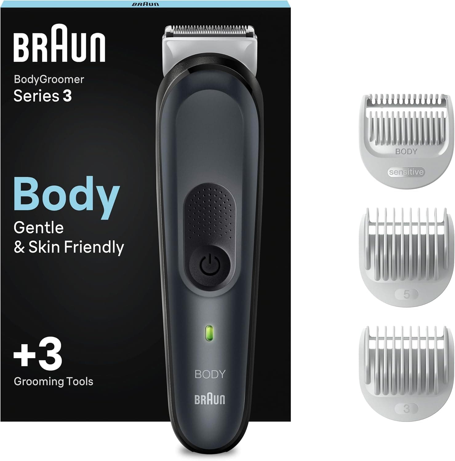 Braun Aparador corporal 3 BG3350, máquina de barbear corporal masculina com tecnologia SkinShield, máquina de cortar cabelo homem, máquina de barbear, pente para áreas sensíveis, lâmina de longa
