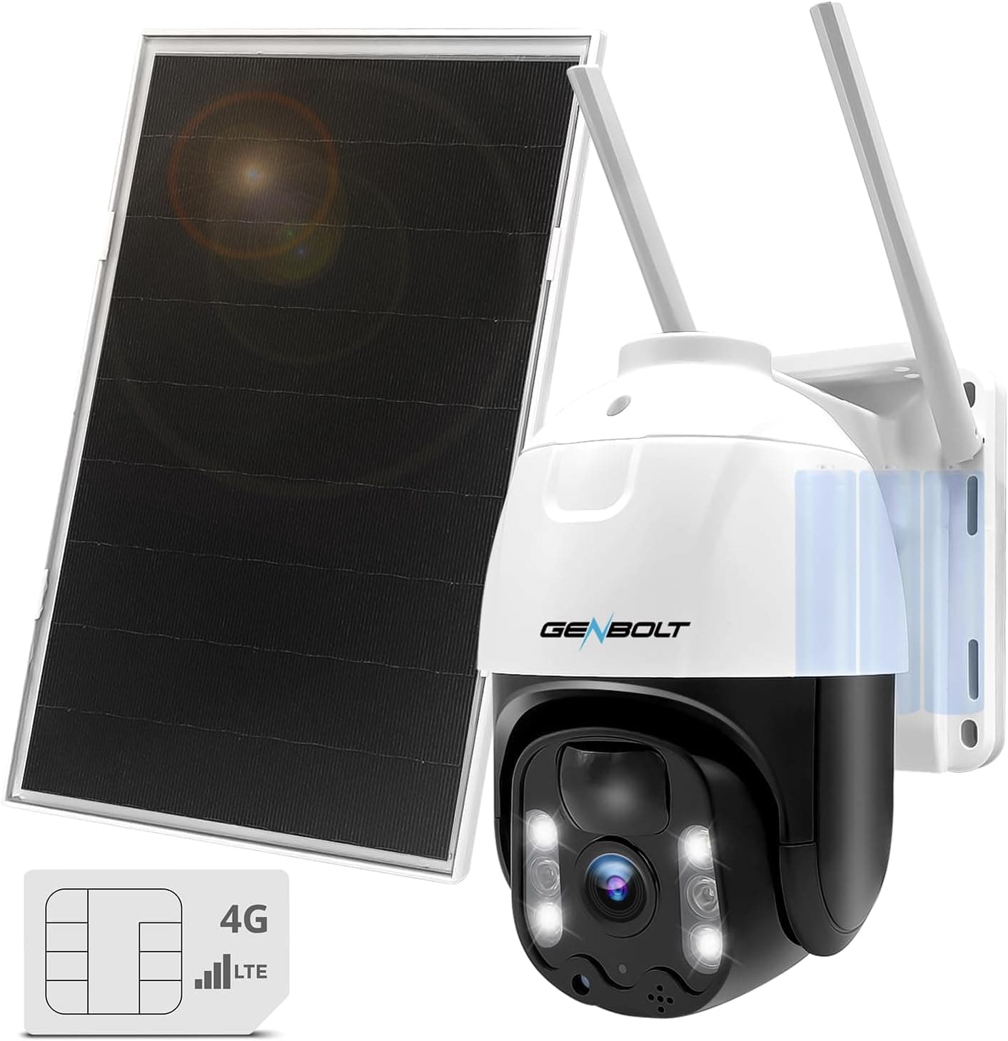 3G/4G LTE 2K Solar câmara de vigilância exterior com Sim, GENBOLT 3MP câmara sem fios sem WiFi com bateria 15600 mAh, PTZ rastreamento automático deteção PIR, IP câmara de segurança sem cabo noturno
