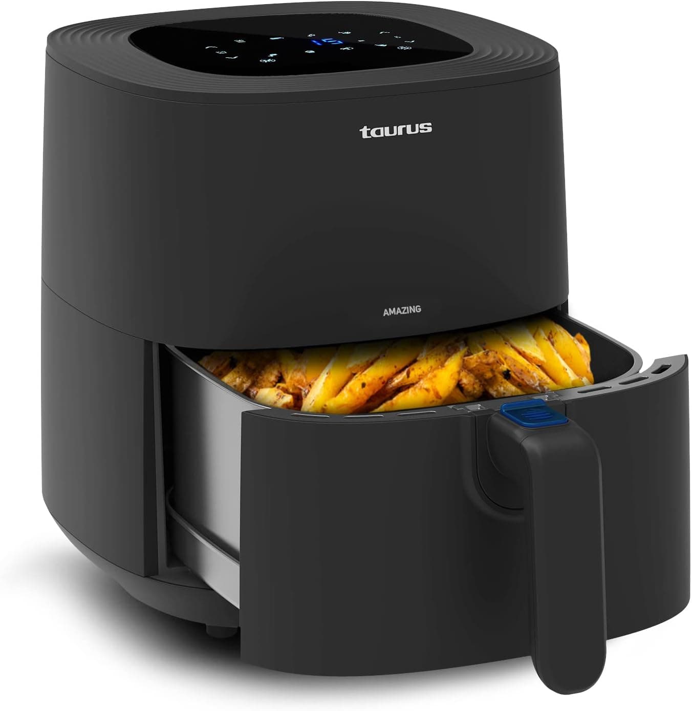 Taurus Amazing AF1701D Fritadeira de ar sem óleo, estilo 5,5 l, 8 programas, ecrã tátil, Timer, até 200 graus C, revestimento antiaderente, livre PFOA e BPA, receitário incluído, preto