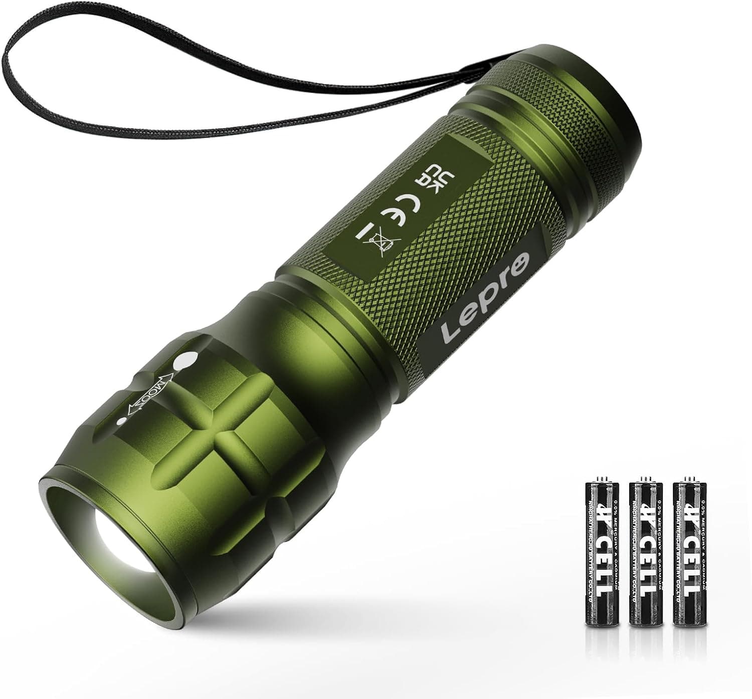 Lepro Lanterna LED LE1000, lanternas LED de alta potência com zoom, IPX4 impermeável lanterna tática de alumínio para ciclismo, campismo, caminhadas, emergência, etc. [3 AAA pilhas incluídas] verde