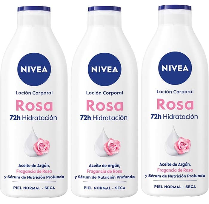 NIVEA Loção corporal rosa (400 ml x 3), creme corporal com óleo de argão e fragrância de rosa, creme hidratante corporal para 72 horas de hidratação profunda completa