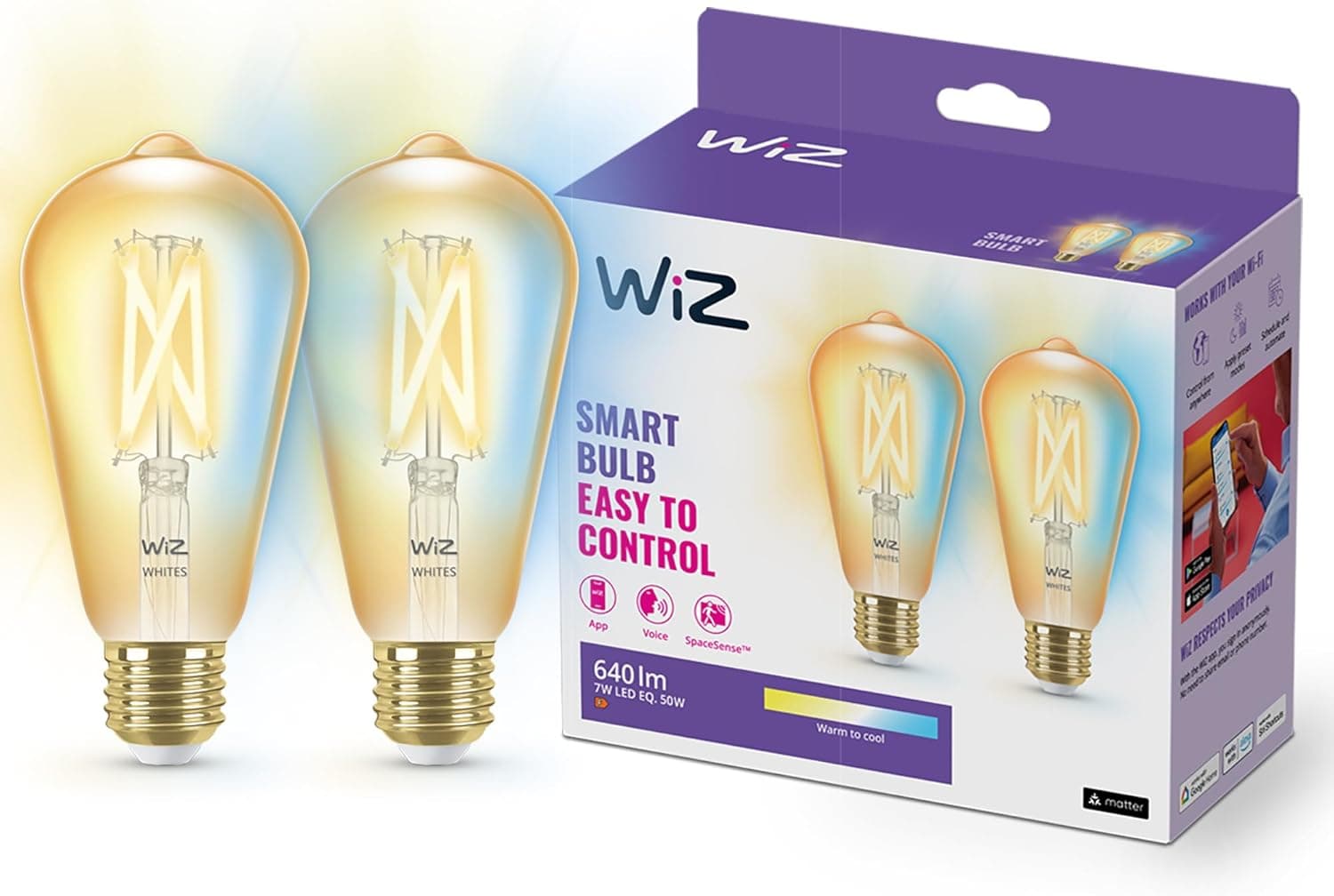 WiZ - Lâmpada inteligente Filamento LED Wi-Fi, 6,7 w (Eq. 50w) E27 ST64, luz branca quente e fria regulável, com tecnologia SpaceSense e compatível com Alexa e Google Home, conjunto de 2