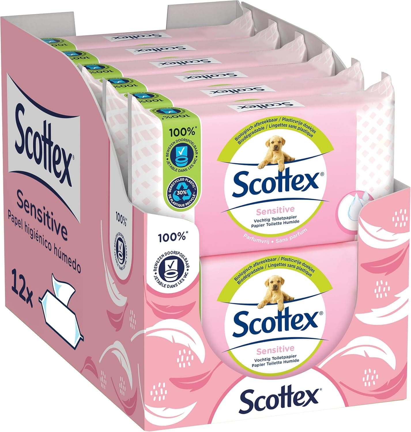 Scottex Sensitive Papel higiénico húmido 38 serviços (38 serviços x 12 embalagens, total 456 serviços)