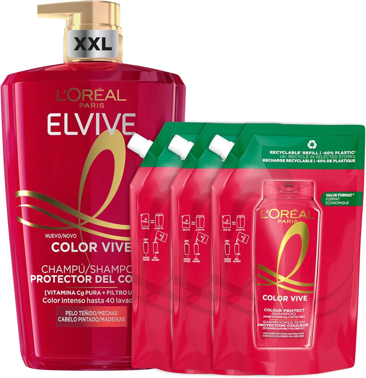 L'Oréal Paris Elvive Color Vive Pack 1 champô protetor para cabelo tingido 1 L 3 x champô protetor para cabelo tingido refill 500 ml