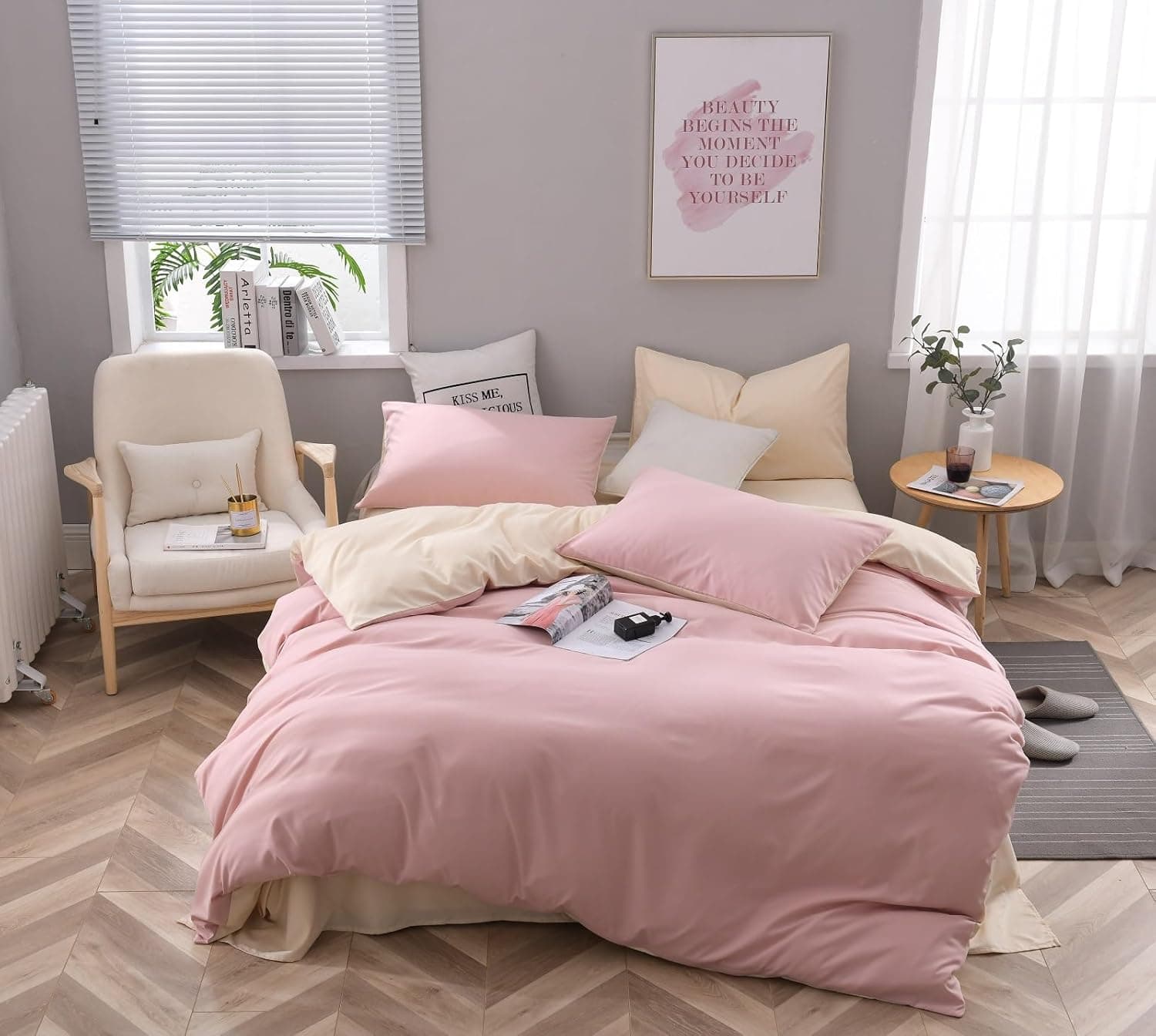 Luofanfei - Capa nórdica de 220 x 240 cm, cor rosa bege para 2 pessoas, conjunto de cama de microfibra lisa, conjunto de capa de edredão com fecho de correr, 220 x 240, 2 fronhas de 65 x 65 cm