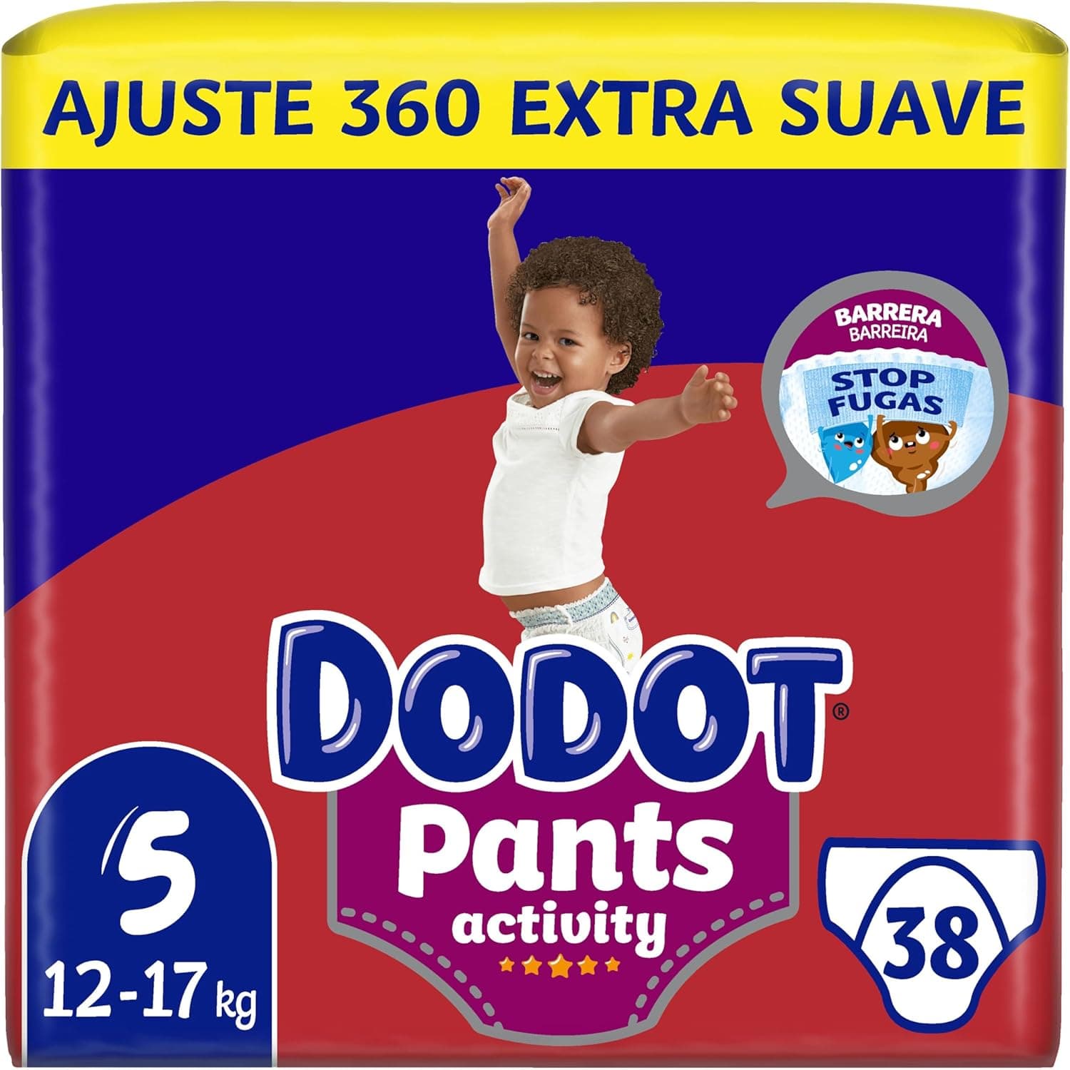 Dodot Activity Pants Fralda-cuecas tamanho 5, 38 fraldas, 12 kg - 17 kg, com barreira STOP fugas que ajuda a evitar fugas traseiras