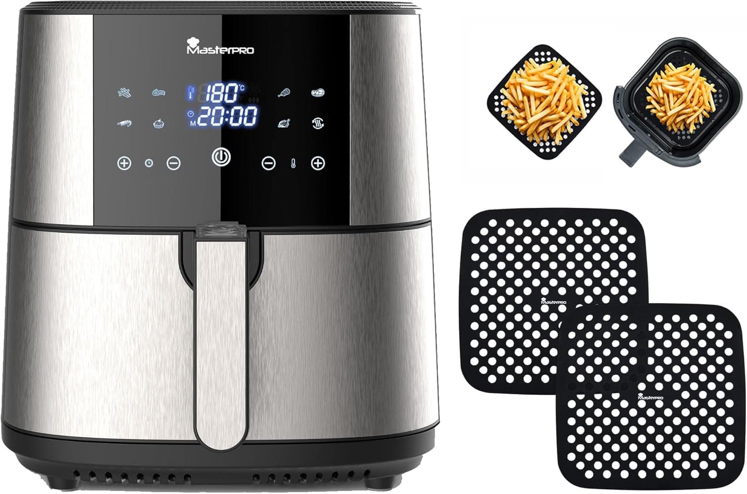 MasterPro Embalagem de fritar sem óleo ROCKET 600 | Frigideira de ar 6 L ecrã tátil e 1800 W + 2 tapetes de silicone, cozimento saudável, anti-aderente e fácil limpeza