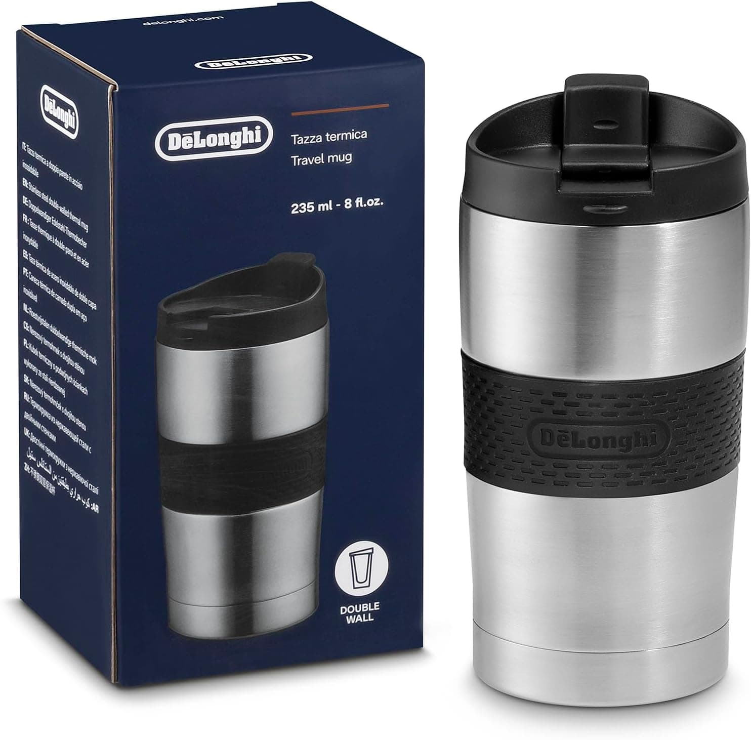De'Longhi DLSC074 | Termo de aço inoxidável de parede dupla para bebidas quentes ou frias, 235 ml