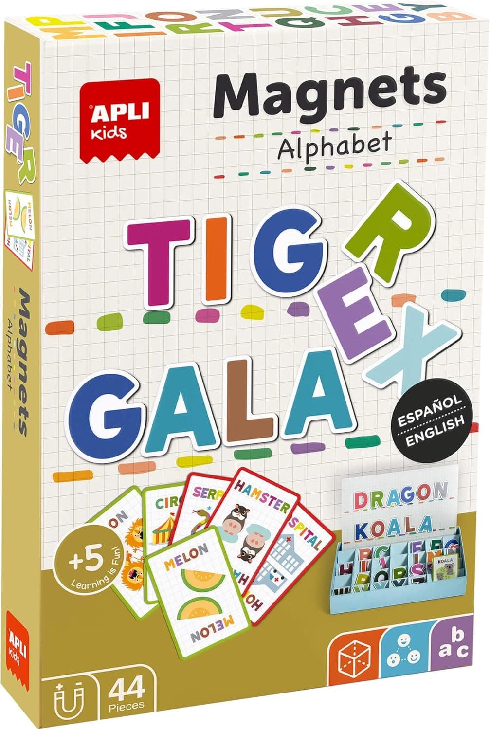 APLI Kids 19443 - Jogo de fundo magnético com tabuleiro e fichas para aprender a escrever até 30 palavras em 2 idiomas. Ímanes educativos infantis para crianças a partir dos 5 anos